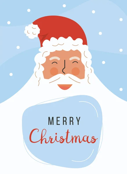 Cute santa claus face flat vector illustration. Traditional festive winter holiday greeting card, postcard design element. New year symbol and merry christmas typography on blue snowing background. — Stock Vector