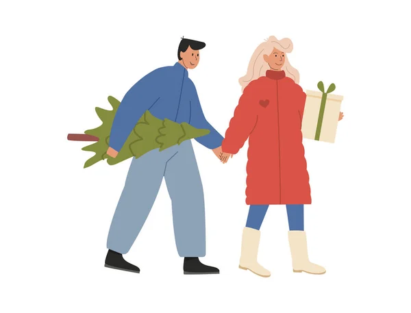 Isolated modern young couple carries a Christmas tree to home. Merry guy with fir tree. A girl with wrapped gift. Traditional Xmas celebration shopping. Holiday preparation. Vector flat illustration. — Stock Vector