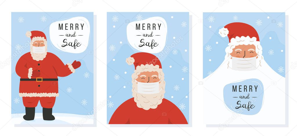 Collection of vector Christmas greeting card with cute Santa Claus wearing protective face mask. Set of postcard for New Year 2021 eve during pandemic. Set of Xmas posters with caption Merry and Safe.