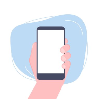 Boş ekranlı bir telefonu tutarken. Beyaz arka planda izole akıllı telefon. Düz biçimli vektör illüstrasyonu.