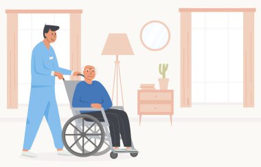 Yerleşik bakım tesisi. Tekerlekli sandalyede yaşlı bir adamla bir bekçi. Huzurevinde bir yatak odası, huzurevi. Sosyal hizmet görevlisi olan engelli yaşlı bir kişinin olay yeri. Destekli yaşam kavramı.