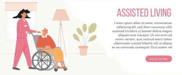 Banner para casa de retiro. Concepto de vida asistida. Centro de atención residencial en un asilo de ancianos. Una enfermera con una anciana en silla de ruedas. Trabajadora social, voluntaria y paciente. Ilustración vectorial. — Archivo Imágenes Vectoriales