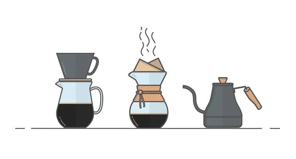 Kaz boynu kahve ısıtıcısı. Chemix. Kafe menüsü için alternatif kahve demleme metodlarının simgeleri kahve makinesinin üzerine dökme tarzında dizayn edildi. Vektör illüstrasyonu beyaz arkaplanda izole edildi. — Stok Vektör