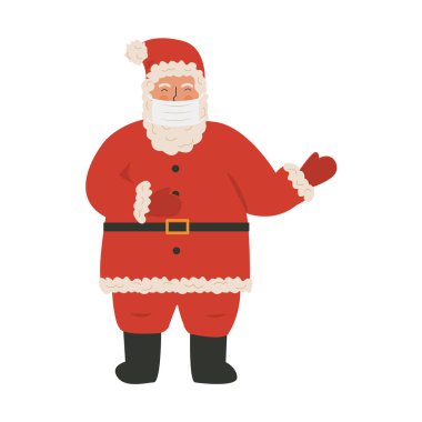 Tıbbi maske takmış, gülüp el sallayan şirin bir el çizimi Noel Baba. Noel tatili zamanında COVID-19 salgın önleme konsepti. Beyaz arka planda izole edilmiş Noel Baba illüstrasyonu
