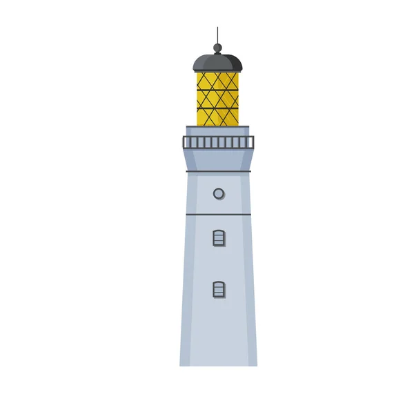 Farol de luz realista detalhado. Farol em design plano. Torre de busca com um feixe de holofotes para navegação marítima de navios. Ilustração vetorial isolada sobre fundo branco. — Vetor de Stock