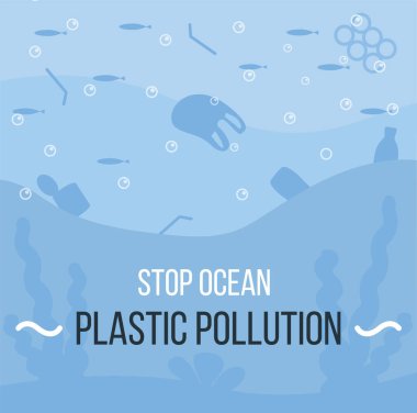 Suda yüzen su hayvanları ve plastik çöplerle dolu bir okyanus. Çevresel sorun ya da deniz kirliliği ekolojisi sorunu, denizde çöp. Çizgi film tarzında vektör illüstrasyonu.