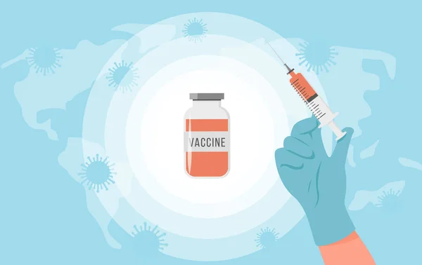 A COVID-19 vakcina kifejlesztése és létrehozása. Orvos kéz az orvosi kesztyű tartó fecskendő és a vakcina ampulla palack közepén a kék világtérképen. Védőoltás vagy orvosi injekció vektor illusztrációja. — Stock Vector