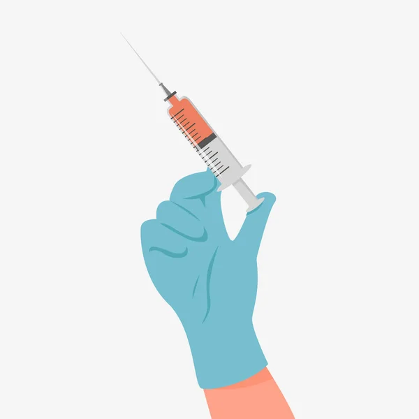 Mão do médico em luva de látex com seringa com vacina ou medicamento. Uma mão de médico a fazer uma injecção. Conceito de vacinação e imunização. Medicina preventiva, tratamento. Ilustração vetorial isolada. — Vetor de Stock