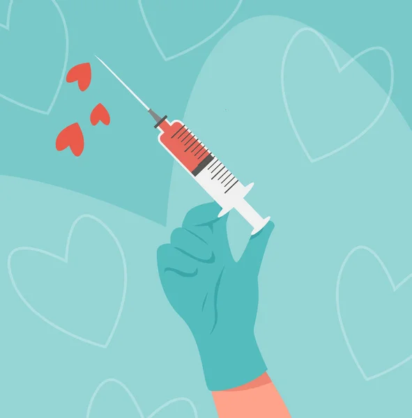 Egy kéz a nővér vagy orvos latex kék kesztyűjében, kezében egy piros injekcióval, szívvel. Üdvözlőlap tervezés Valentin nap alatt Coronavirus pandemic. Vektoros illusztráció kék alapon. — Stock Vector