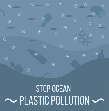 Suda yüzen su hayvanları ve plastik çöplerle dolu bir okyanus. Çevresel sorun ya da deniz kirliliği ekolojisi sorunu, denizde çöp. Çizgi film tarzında vektör illüstrasyonu.