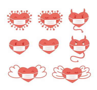 Cerrahi maske takan kalpler. Kalp şeklinde Covid 19 bakteri, kanatlı melek, arsız şeytan. Kırmızı ikon koleksiyonu. Coronavirus Sevgililer Günü 2021 kavramı beyazda izole edildi.