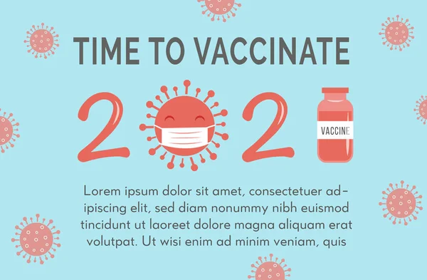 キャプチャ時間のバナーやポスターは、 Covid 19細菌で青い背景でワクチン接種します。2021年のコンセプトコロナウイルスジャブベクトルイラスト。かわいい漫画のウイルスを身に着けているマスクとワクチンボトルバイアル. — ストックベクタ