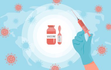 Doktor ya da hemşire elinde şırınga olan lateks eldiveni verdi. Aşı şişesi ve ampul şişesi mavi dünya haritasının ortasında, bakterilerle birlikte. Global Covid 19 Aşı veya Tıbbi Enjeksiyon Konsepti. Vektör.