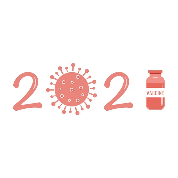 Covid 19コロナウイルスワクチンの概念.2021年の年。細菌ウイルスとワクチン瓶バイアル。白いベクトル図。ピンクまたは赤のコロナウイルス記号. — ストックベクタ