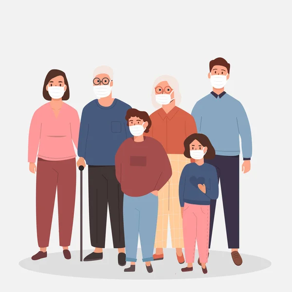 가족은 Covid 19 Virus 나 Air Pollution 을 방지하기 위해 보호 의료 마스크를 착용 한다. 노인들은 아이들과 어머니와 아버지와 아이들과 함께 있습니다. 흰색으로 분리 된 벡터 편평 한 그림. — 스톡 벡터