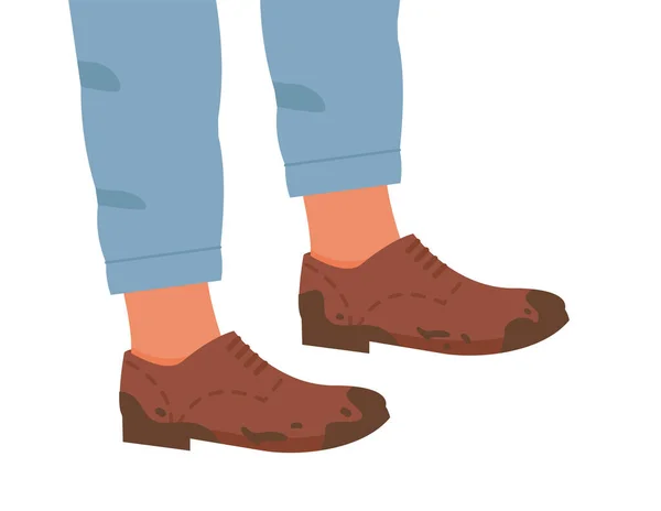 Vrouw of man in bruine kleur platte zool trendy brogue, oxford of derby vuile schoenen. Mannelijke of vrouwelijke benen in stijlvol comfortabel leer onrein schoeisel. Concept van modderige laarzen. Vector platte illustratie. — Stockvector