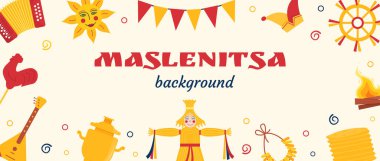 Maslenitsa Krep Haftası için Web Afişi. Kafası samandan yapılmış etnik giyimli bir bebek. Samovar, balalayka, bayan, halk güneşi. Rus Kış Festivali afişi. Slav Bayramında Shrovetide. Vektör illüstrasyonu.