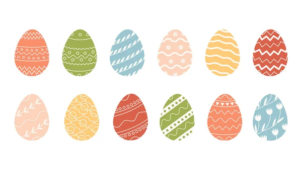 Pacchetto di uova di Pasqua decorate isolato su sfondo bianco. Raccolta di simboli colorati per festa religiosa di primavera con vari ornamenti. Set stagionale per Pasquale. Illustrazione piatto. — Vettoriale Stock