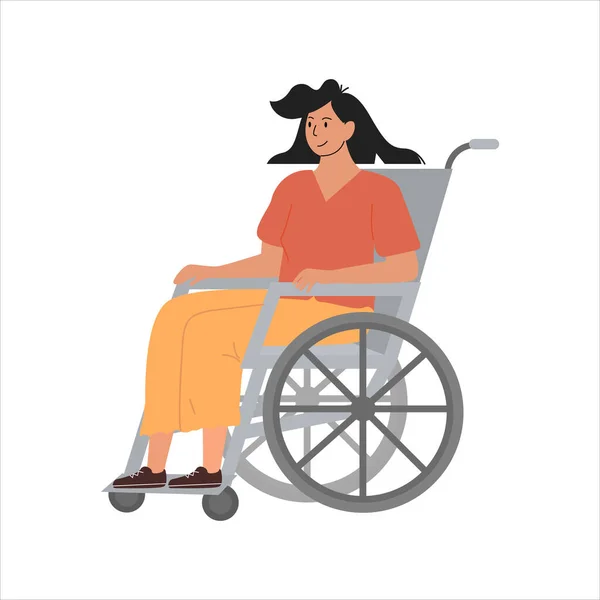 휠체어에 앉아 있는 현대인 소녀. 흰 옷을 입은 장애 여성 캐릭터가 분리되어 있다. 병원에서의 재활, 요양원에서 장애를 가진 어린 성인. 벡터 일러스트. — 스톡 벡터