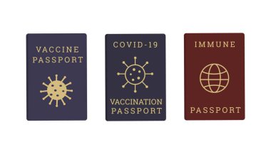 Dünya ve virüs ikonlu Coronavirus Covid Aşı Pasaportu. Yurt dışına seyahat etmek için farklı renkte pasaportlar. Aşı kampanyası. Beyaz arkaplanda izole edilmiş vektör düz illüstrasyon.