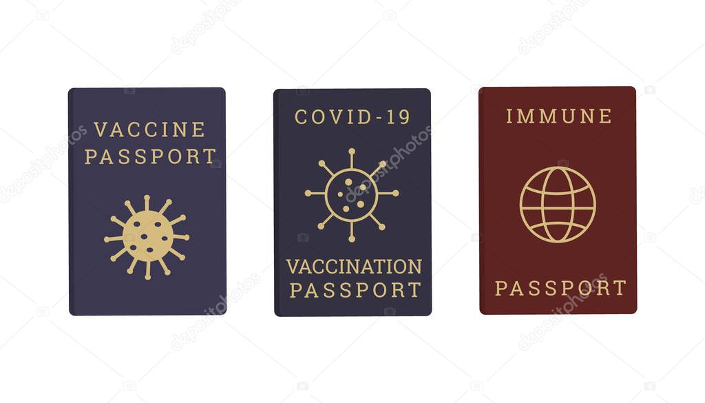 Set of Coronavirus Covid Vaccine Passport with Earth and Virus icon. Different colors Passports for travelling abroad. Vaccination campaign. Vector flat illustration isolated on white background.