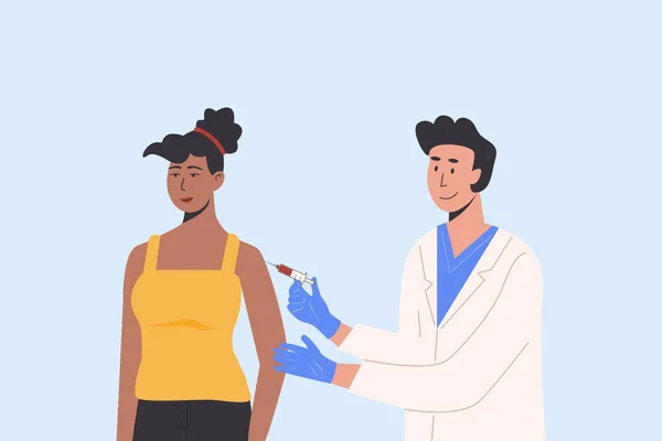 El médico con una bata médica y guantes da la vacuna al paciente africano. Campaña de vacunación. Ilustración conceptual para la salud de la inmunidad. Covid Coronavirus jab. ilustración plana aislada — Vector de stock