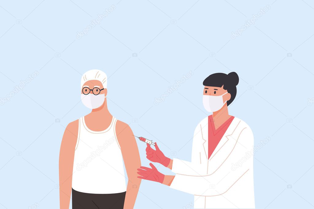 Female doctor in medical gown and gloves gives vaccine shot to elder male patient. Vaccination campaign. Concept illustration for immunity health. Covid Coronavirus jab. Flat illustration isolated.