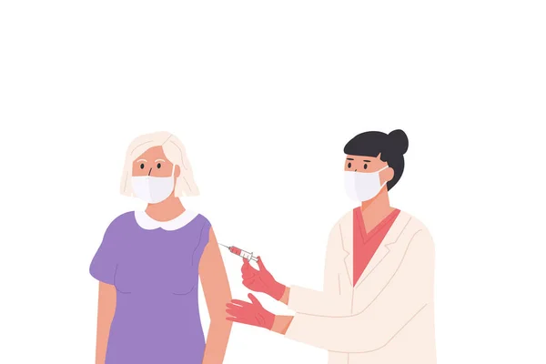 Medico donna in abito medico e guanti dà vaccino colpo al paziente anziano in maschera facciale. Campagna di vaccinazione. Illustrazione concettuale per la salute dell'immunità. Colpo di pistola Covid Coronavirus. Illustrazione piatto. — Vettoriale Stock