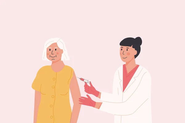 La doctora en bata médica y guantes da vacuna al paciente anciano. Campaña de vacunación. Ilustración conceptual para la salud de la inmunidad. Covid Coronavirus jab. Ilustración plana. — Archivo Imágenes Vectoriales