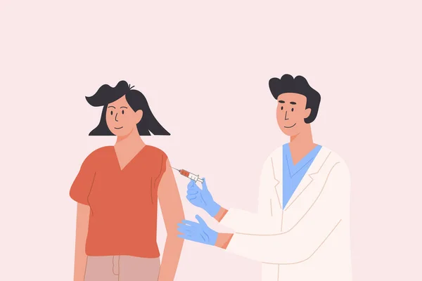 Médico masculino em um vestido médico e luvas dá vacina tiro para paciente do sexo feminino. Campanha de vacinação. Ilustração conceitual para a saúde da imunidade. Covid Coronavirus jab. Ilustração plana isolada. —  Vetores de Stock