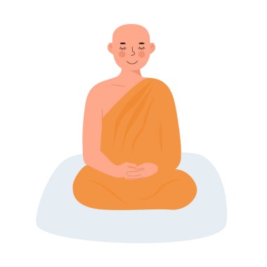 Şirin, barışçıl Budist Theravada Tayland keşişi sarı cübbeli Lotus duruşu içinde gözleri kapalı meditasyon yapıyor. Meditasyon ve yoga pratiği. Zen. Düz vektör karakteri beyaz arkaplanda izole edildi.