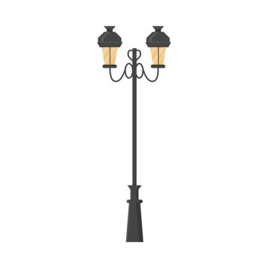 Açık hava zarif sokak lambası. Antika sokak lambası. Klasik şehir sokak lambası. Beyaz üzerine izole edilmiş vektör düz biçim illüstrasyonu.