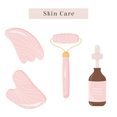Rose Quartz Gua Sha seti ve doğal Jade silindiri. Masaj aleti. Doğal pembe taş kazıyıcı. Serum suratlı yağ şişesi. Doğal yaşlanmayı önleyici yüz kaldırma. Cilt bakımı metodu. Vektör düzlüğü.
