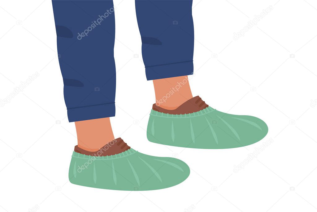Disposable Shoes Covers on boots. Notice for clinic or hospital. Banner or Poster Wear Shoe Covers. Flat vector illustration isolated on white. 