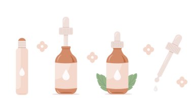 Düz vektör temel yağ şişeleri seti. Masaj aromalı terapi silindiri. Güzellik Cilt Rutini. Serumlu damlatıcı. Pipetli bitkisel antioksidan ve doğal parfüm ürünleri için tasarım.