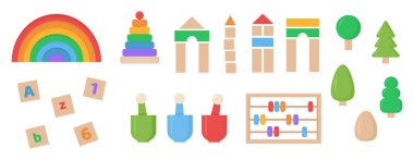 Montessori sistem oyuncaklarının vektör seti. Çocuklar anaokulu çocukları için mantık oyunları. Bebek gelişimi için ahşap ekolojik oyuncaklar. Bebek için renkli elementlerin toplanması. Erken eğitim