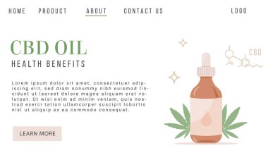 CBD Hemp Petrol web pankartı organik renklerde ve beyaz arka planda marihuana yaprağı ve kimyasalla birlikte. Doğal bir ilaç. Cannabinoid posteri ve metin için yer var. Ağrı, stres ve endişe için ilaç. Vektör düzlüğü.