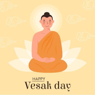 Vesak Günü Vector Kartın kutlu olsun. Sanskritçe çeviri: Gautama Doğum, Ölüm, Paranirvana. Lord Buddha nilüfer çiçekli koltukta oturuyor. Sarı arka planda ışık huzmeleri var. Vektör Budist bayramı