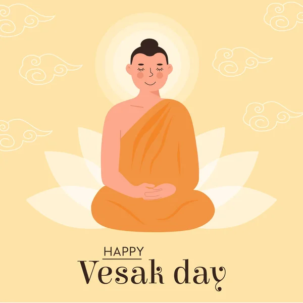 Tarjeta Vector del Día del Vesak Feliz. Traducción del Festival Sánscrito de Gautama Nacimiento, Muerte, Paranirvana. Señor Buda sentado en asiento de loto con rayos de luz sobre fondo amarillo. Vector de vacaciones budistas — Vector de stock