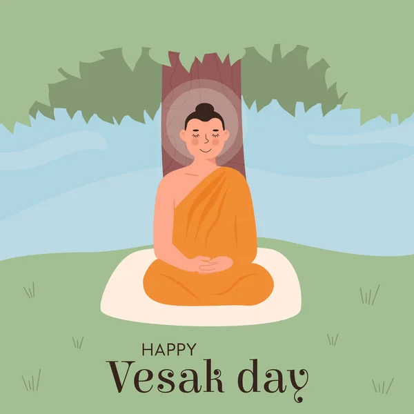 Feliz día de Vesak. Festival de Traducción Sánscrita de Nacimiento de Buda. Lindo Señor Buda en túnica amarilla meditando bajo el Árbol Bodhi en postura de loto. Maestro religioso budista o Dios. Vector plano de dibujos animados. — Vector de stock