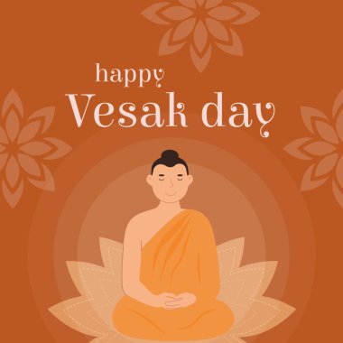 Vesak Günü Vector Kartın kutlu olsun. Sanskritçe çeviri: Gautama Doğum, Ölüm, Nirvana. Lord Buddha turuncu arka planda lotus koltuğunda oturuyor. Budist dini bayram kutlaması.