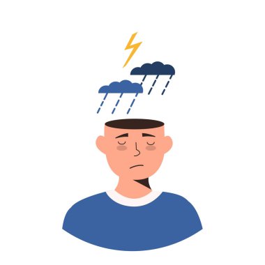 Depresyondaki adam. Hüzünlü ve bunalımlı adam fırtına, yağmur ve fırtına altında. Olumsuz düşünce, zihinsel durum. Psikolojik konsept. Yorgunluk. Düz vektör karakterini ayır