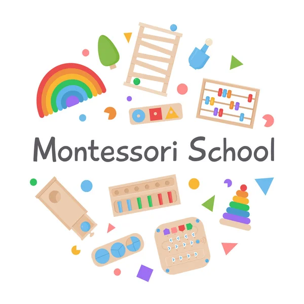 Vector Rundes Banner von umweltfreundlichem Logikspielzeug aus Holz und beschäftigten Brettern für Vorschulkinder. Montessori-Schule oder Kindergarten. Kreis für frühkindliche Bildung. — Stockvektor