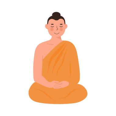 Sarı cübbeli şirin, barışçıl Lord Buddha nilüfer çiçeği duruşunda, gözleri kapalı meditasyon yapıyor. Budist din öğretmeni ya da Tanrı. Çocuk kitabı için beyaz zemin üzerinde izole edilmiş düz vektör çizgi film karakteri.