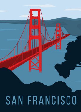 Golden Gate Köprüsü retro posteri. Mavi okyanus üzerindeki kırmızı renkli köprü. Eski tarz kart ya da çıkartma. San Francisco, California 'da popüler bir gezi. Düz vektör illüstrasyonu.