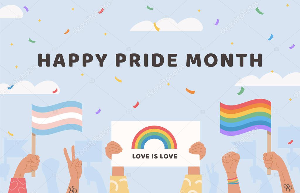 Vector Banner. People holds transgender and gay flags, placard with lgbt rainbow, signs and other symbols during pride month celebration on sky background. Slogan for LGTBQ parade. Flat Illustration.
