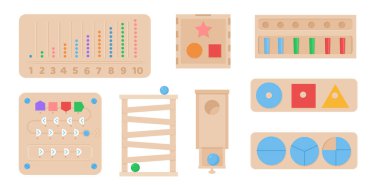 Montessori oyunlarının vektör kümesi. Çocuklar anaokulu çocukları için ahşap çevre dostu mantık oyuncakları. Bebek gelişimi için oyuncaklar. Eğlence ve eğitim oyunları için çeşitli öğelerin koleksiyonu.