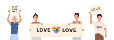 Onur yürüyüşünde bir sürü insan sloganlı pankartlar tutuyor. Erkekler ve kadınlar LGBT hakları için gösteri yapıyorlar. Eşcinsel, lezbiyen, biseksüel, transseksüel eylemciler. Aşk aşktır. Vektör karakterli başlık
