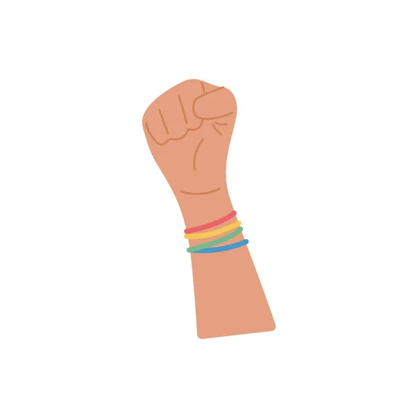 Uma pessoa levantou o punho do braço. Protesto gesto de mão com decoração colorida arco-íris. Elemento para a celebração do Mês do Orgulho. Símbolo homossexual para desfile LGTBQ. Ilustração plana vetorial isolada sobre branco. —  Vetores de Stock