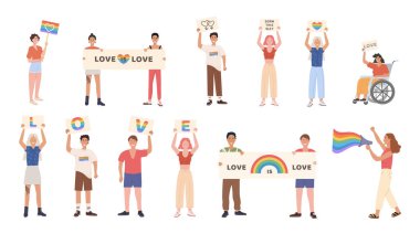 Onur geçidinde bir sürü insan. Erkekler ve kadınlar LGBT hakları için gösteri yapıyorlar. Bir grup eşcinsel, lezbiyen, biseksüel, transseksüel aktivist. Cinsel çeşitlilik. Gurur ayı için Vektör karakterleri kümesi.